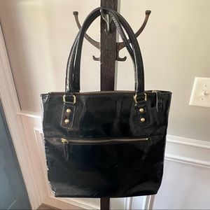 J. Crew Shoulder Bag, Black, Leather, Shiny, Fits a laptop, gold zippers